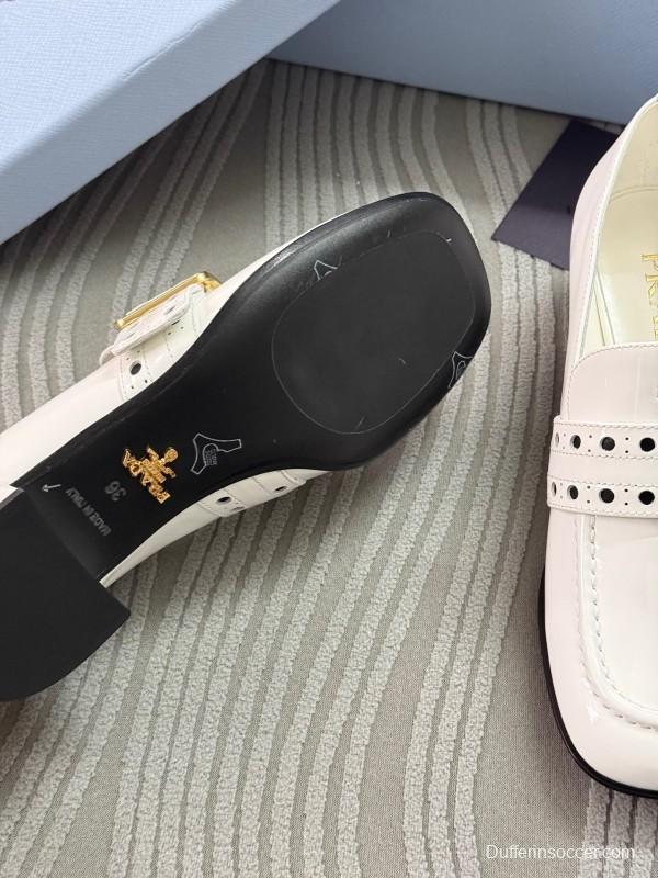 2025 Women Prada White Leather Loafers KFY00320