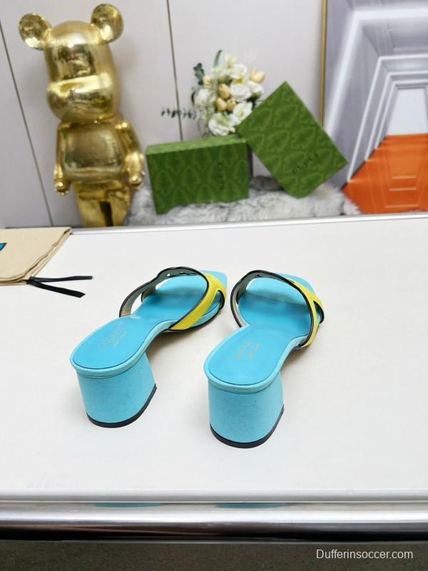 2025 Gucci Blue Yellow Leather Slippers
