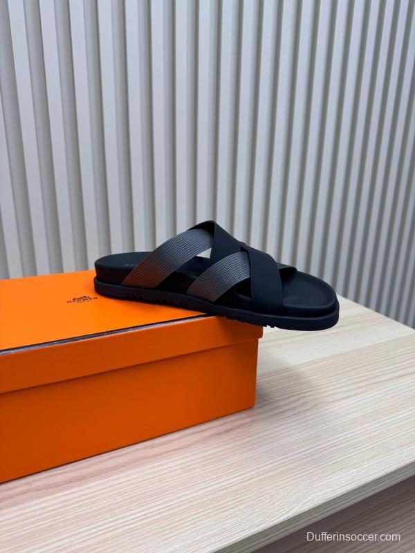 2025 Unisex Hermès Black Grey Leather Slippers