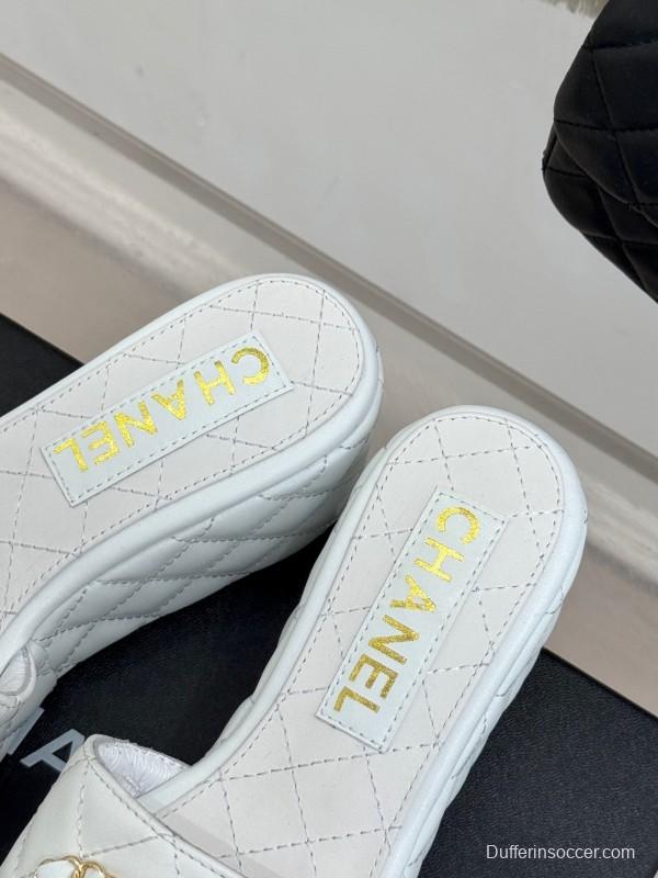 2025 Women Chanel White Leather Slippers