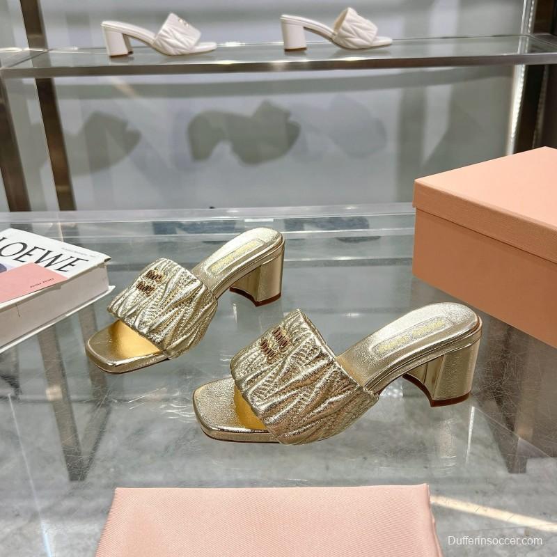 2025 Women Miumiu Gold Leather Sandals