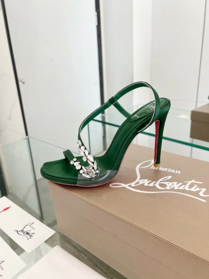 2025 Women Christian Louboutin Green Silk High Heel Crystal Sandal LY00300