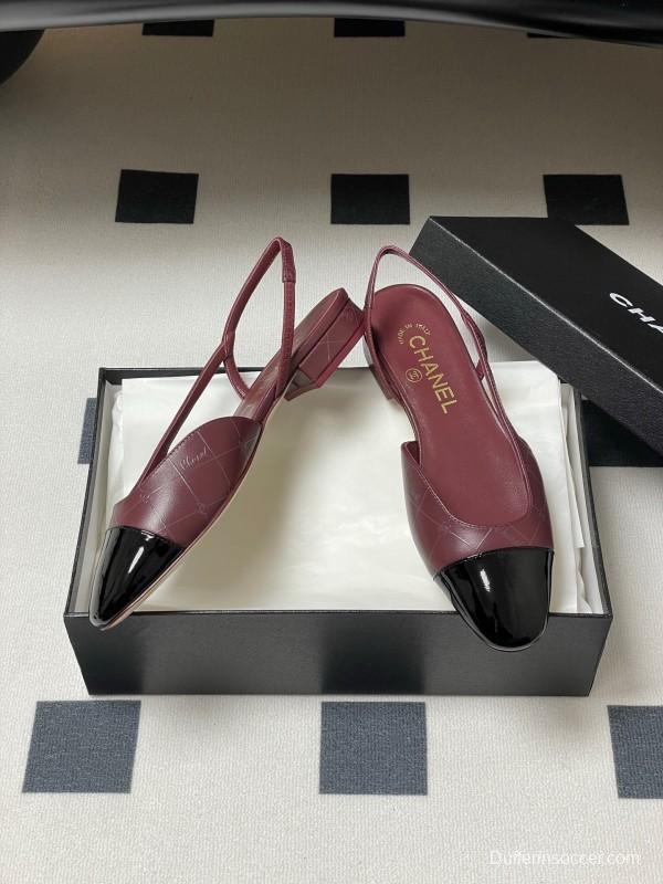 2025 Women Chanel Purple Black Leather Sling-back Pumps KFY00300