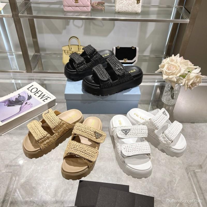2025 Women Prada Black Woven Leather Sandals LY