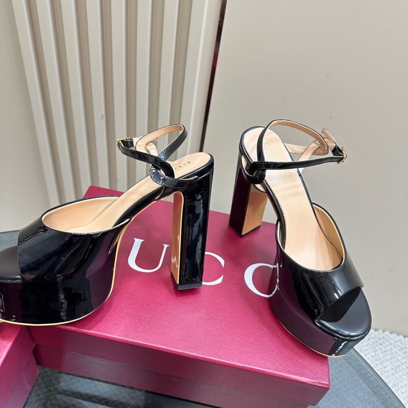 2025 Women Gucci Black Patent Leather Platform Sandals