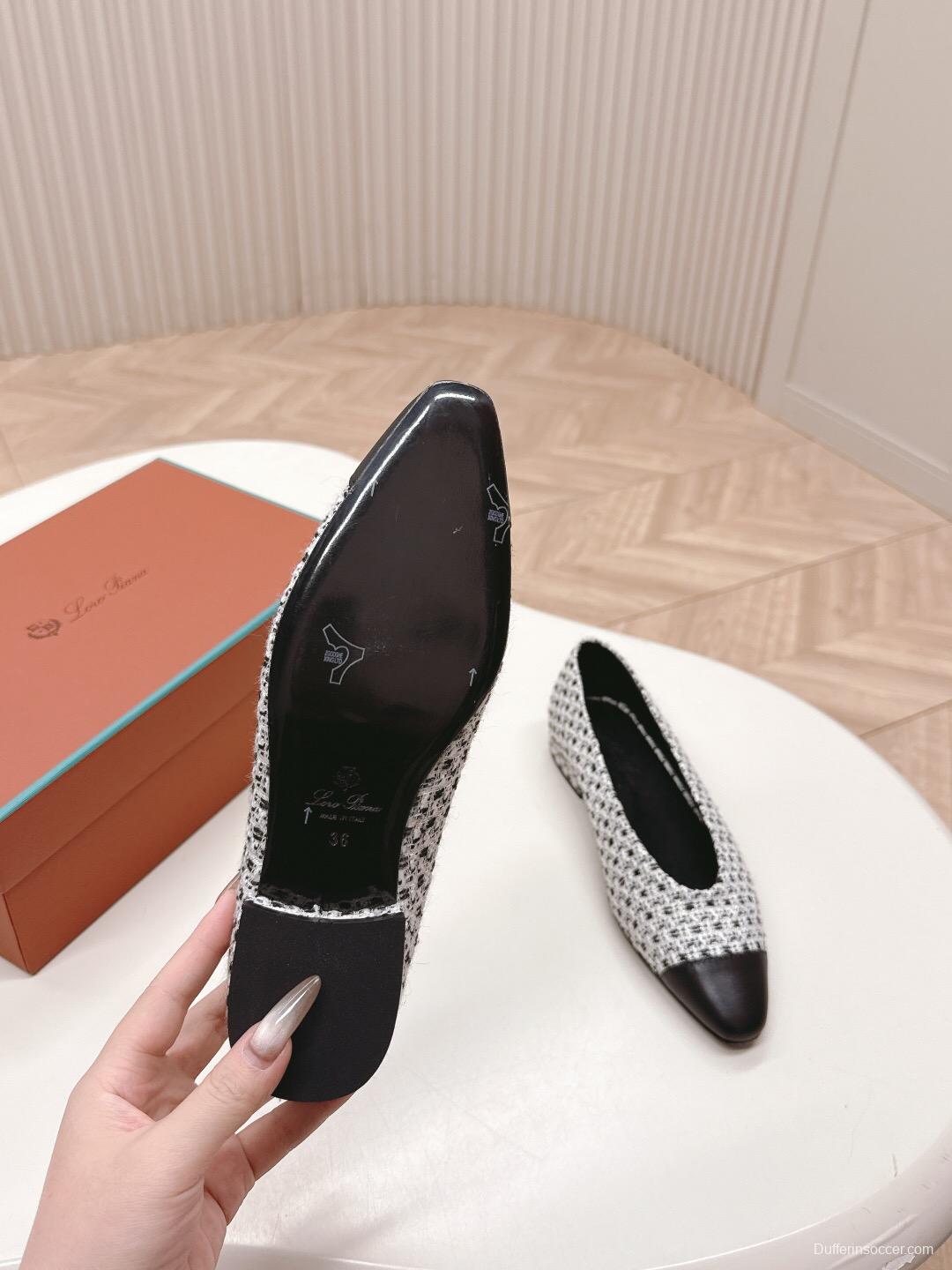 2025 Women Le Parmentier Black White Tweed Leather Pointed Toe Loafers