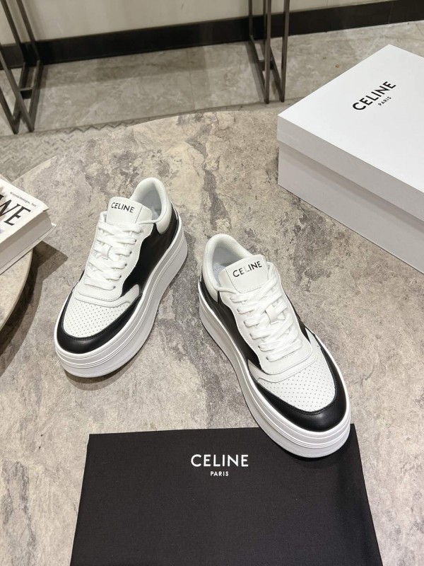 2025 Women Celine Black White Leather Platform Sneakers KFY00330