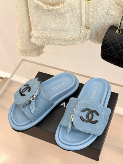 2025 Slippers Chanel Light Blue Denim Slippers KFY00220