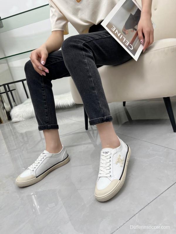 2025 Women Celine White Canvas Leather Low Top Sneakers LY00210