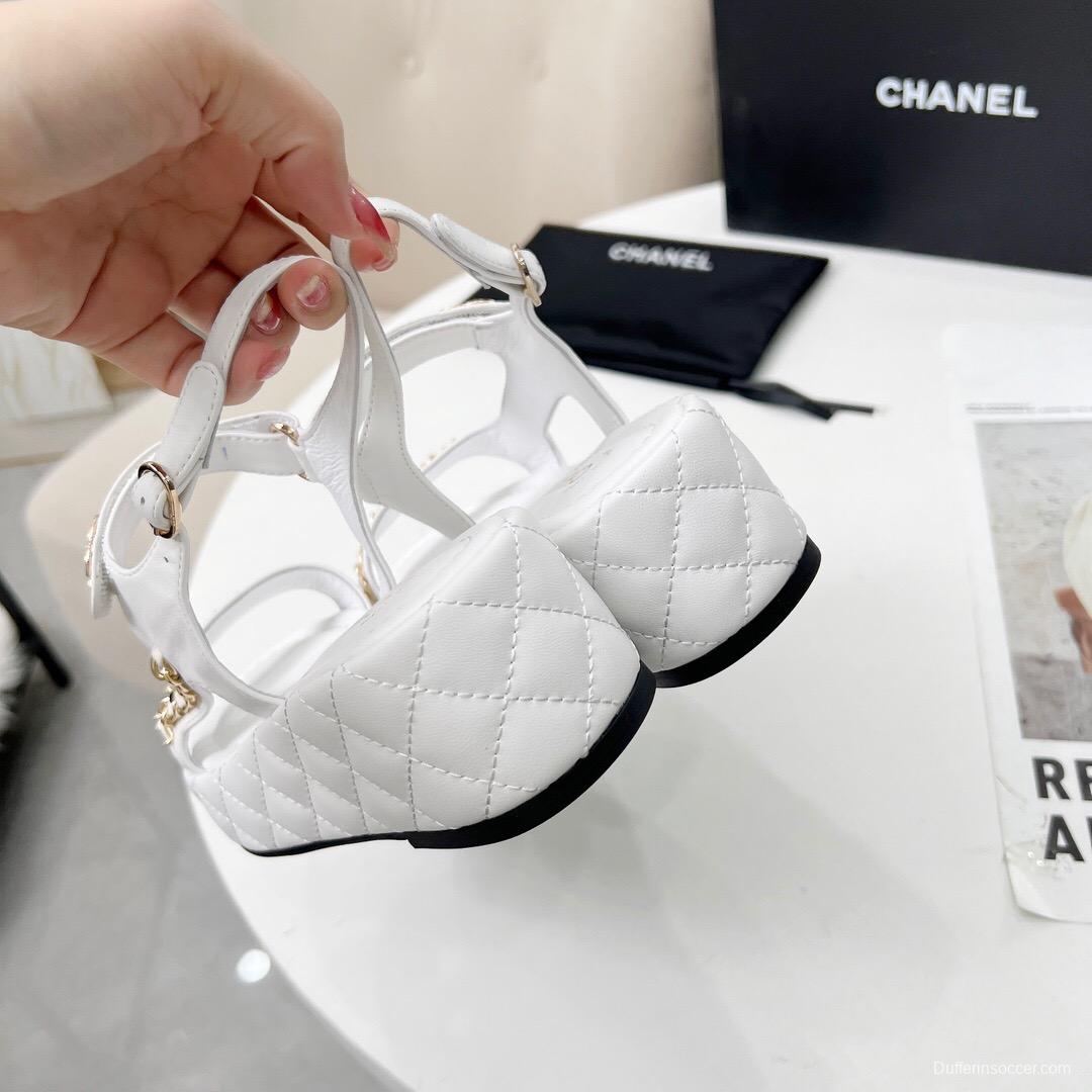 2025 Women Chanel White Leather Sandals Chain LY00260