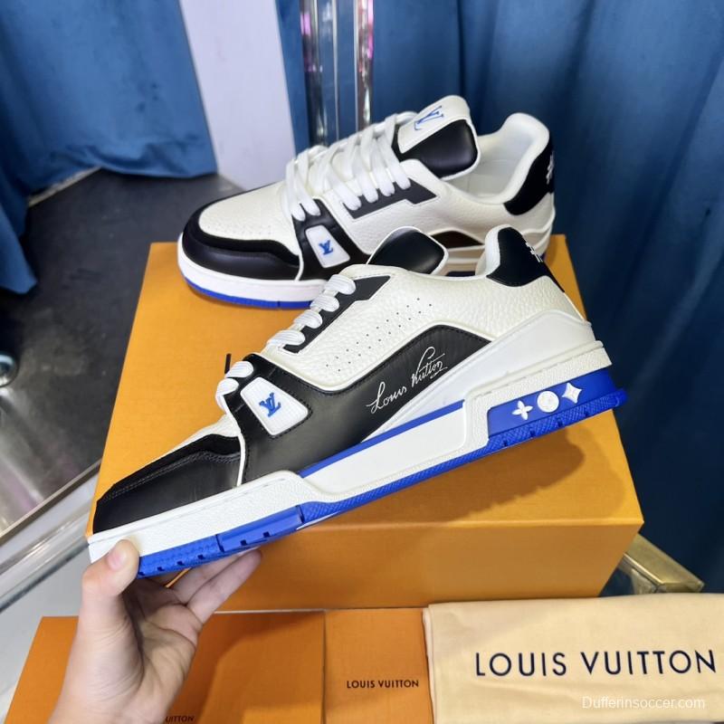 2025 Unisex Louis Vuitton Black White Blue Leather Plimsolls Stitching LV Trainer