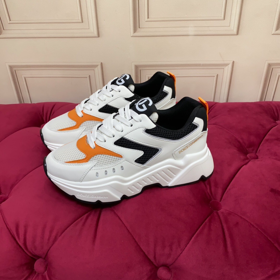2025 Unisex Dolce & Gabbana White Black Orange Leather Lycra Sneakers LY00330(F)/LY00340(M)