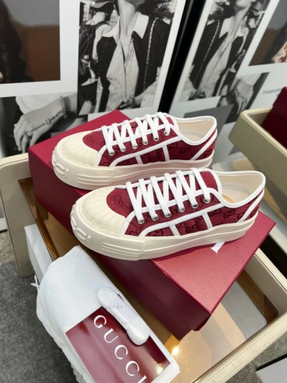 2025 Women Gucci Burgundy Canvas Rubber Sole Thick Platform Sneakers Handcrafted LY00270