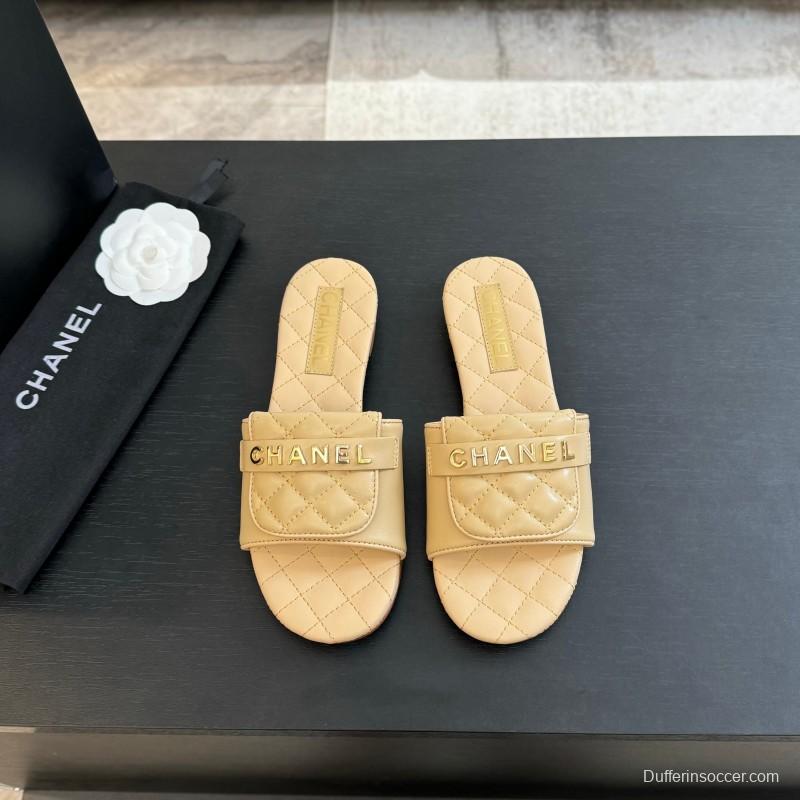 2025 Women Chanel Beige Leather Slippers