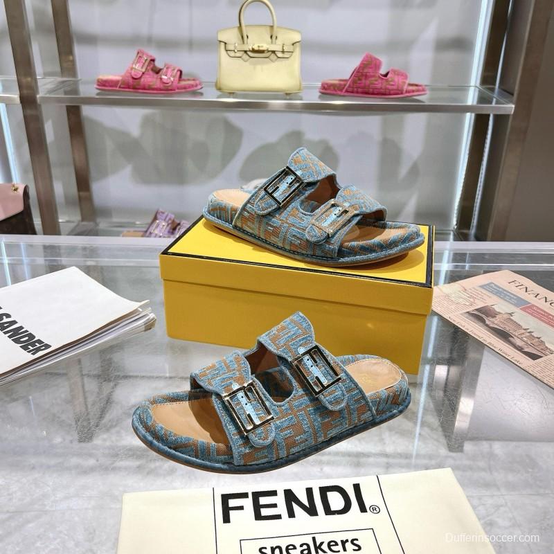 2025 Fendi Blue Beige Jacquard Fabric Slippers Buckle MJ00230