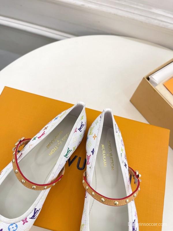 2025 Women Louis Vuitton White Multicolor Leather Ballet Flats KFY00300