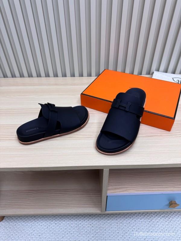 2025 Hermès Black Leather Slippers