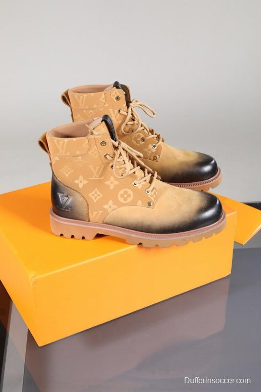 2024 Men Louis Vuitton Beige Black Leather Canvas Boots MJ00470