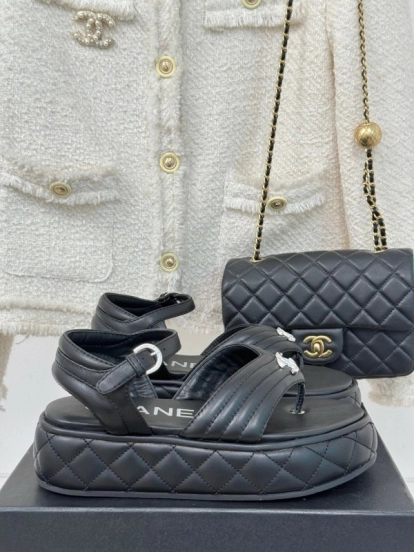 2025 Women Chanel Black Leather Sandals Platform