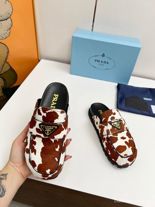 2025 Women Prada Brown White Cowhair Leather Slippers LY00270