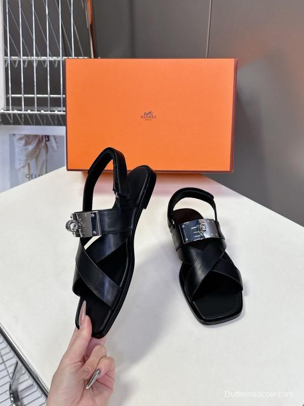 2025 Women Hermès Black Leather Sandals Metal Buckle KFY00300