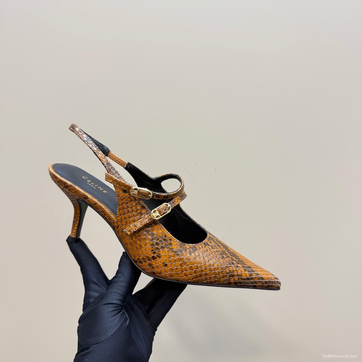 2025 Women CELINE Brown Snake Leather Slingback Pumps