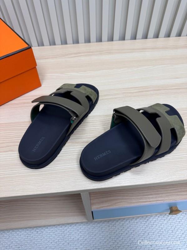 2025 Women Hermès Khaki Black Leather Slippers