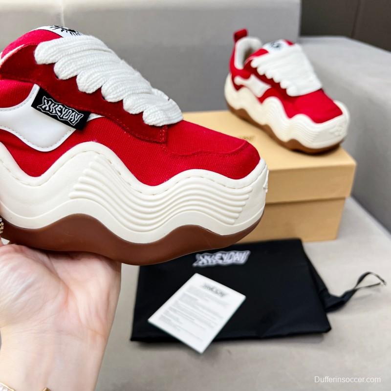 2025 Women HEYDAY Red White Canvas Leather Wave Sneakers