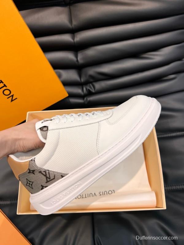 2024 Unisex Louis Vuitton White Brown Mesh Leather Sneakers MJ00400