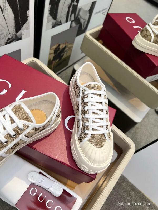 2025 Women Gucci Beige Brown Canvas Platform Sneakers LY00270