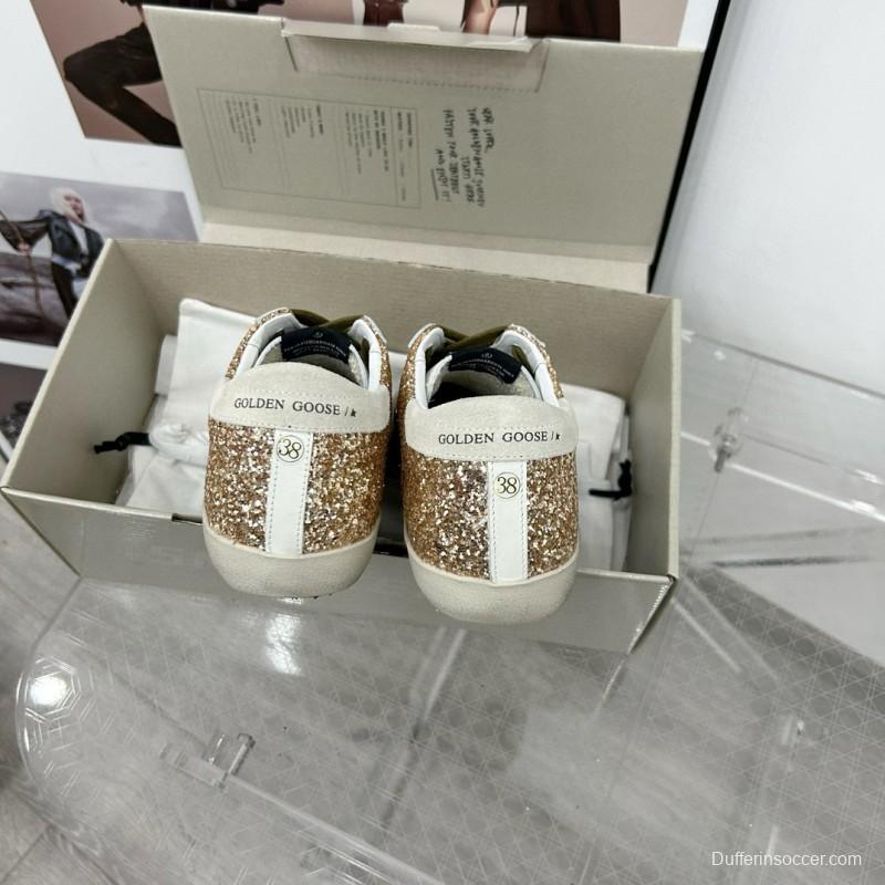 2025 Women GGDB White Gold Pink Glitter Leather Sneakers