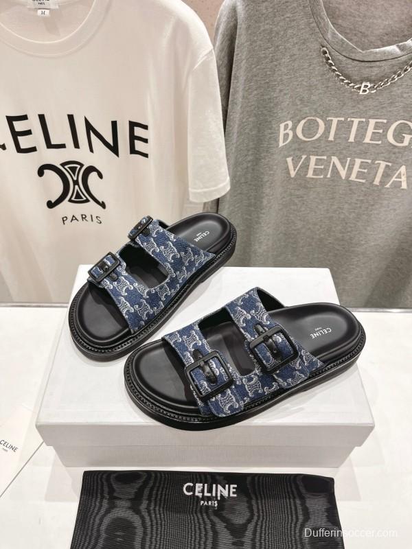 2025/Unisex CELINE Blue Denim Buckled Slide Sandals Stylish Comfort KFY00280