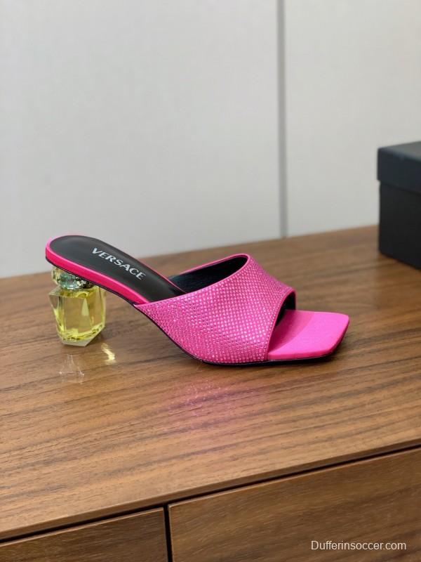 2025 Women VERSACE Pink Silk Leather Mules Crystal Embellishment KFY00300