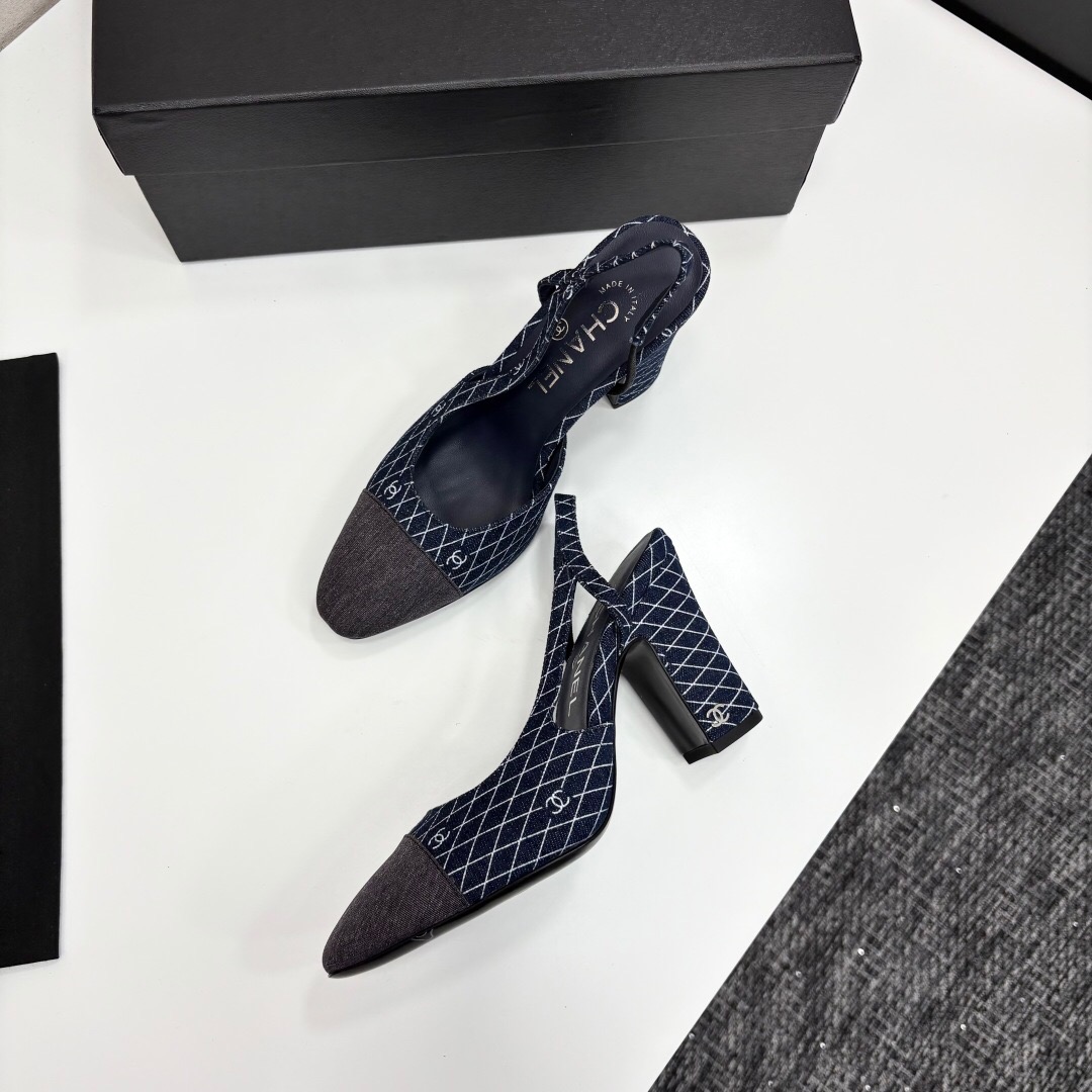 2025 Women Chanel Blue Denim Fabric Slingback Shoes