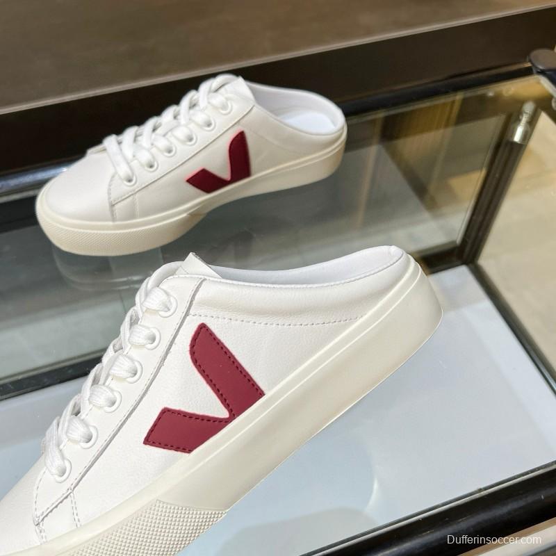 2025 Women VEJA White Burgundy Canvas Leather Slip-On Sneakers