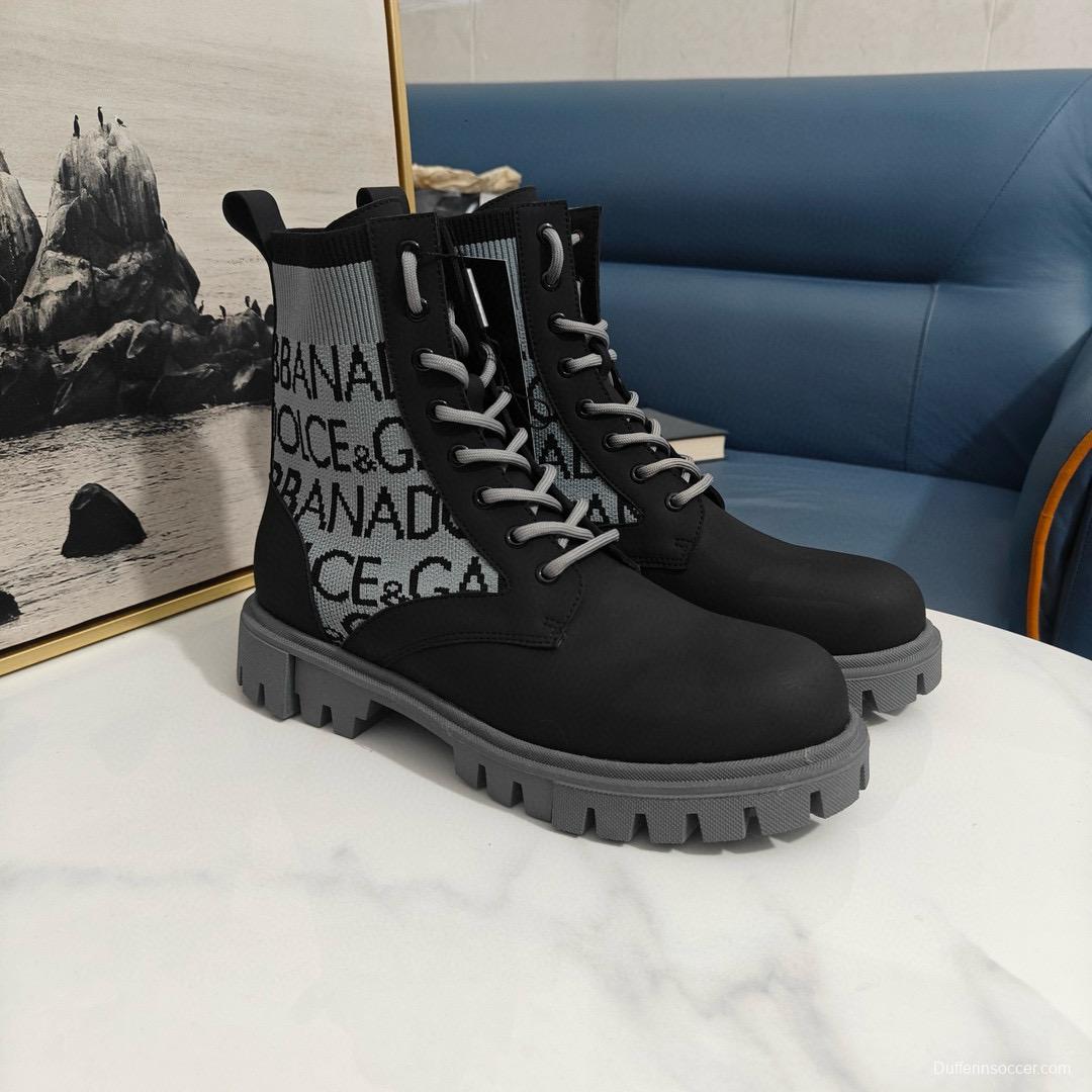 2024 Unisex Dolce & Gabbana Black Light Grey Fabric Leather Boots