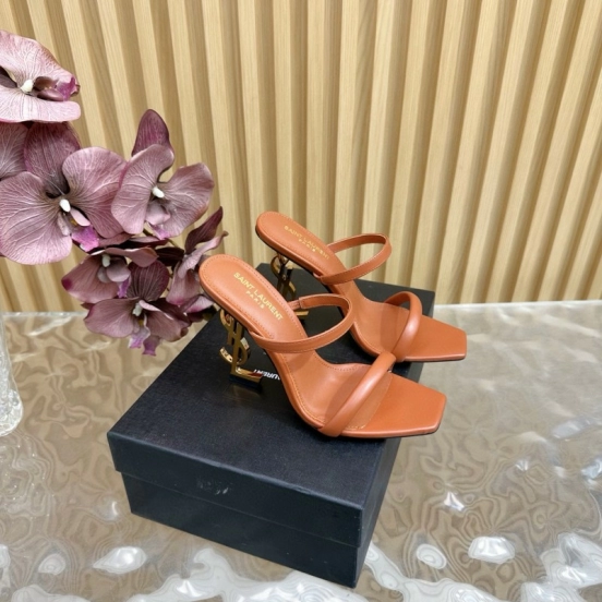 2025 Women Yves Saint Laurent Brown Leather High Heel Sandals Metal Logo MJ00310