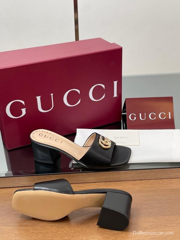 2025 Women Gucci Black Leather Slippers Crystal GG Buckle LY00280