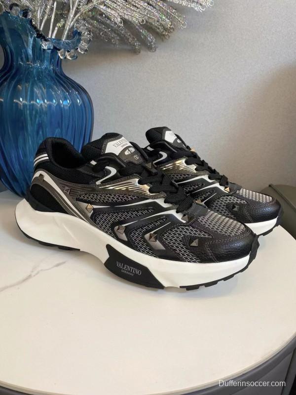 2024 Unisex Valentino Black White Mesh Leather Sneakers MJ00410