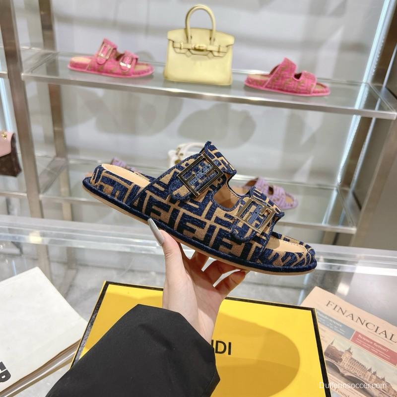 2025 Slippers Fendi Blue Brown Jacquard Buckle KFY00250
