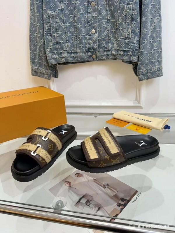 2025 Slippers Louis Vuitton Brown Canvas Leather Slippers LY