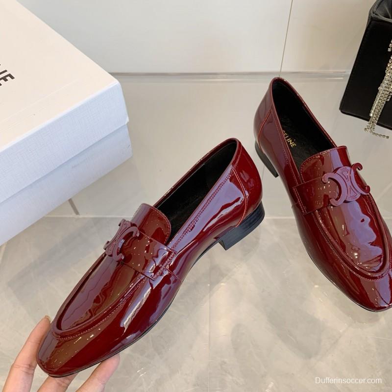 2025 Women CELINE Burgundy Patent Leather Loafers