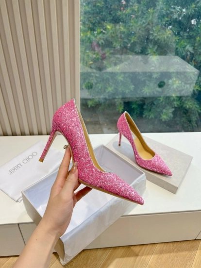 2025 Women Jimmy Choo Pink Glitter Leather High Heels KFY00280