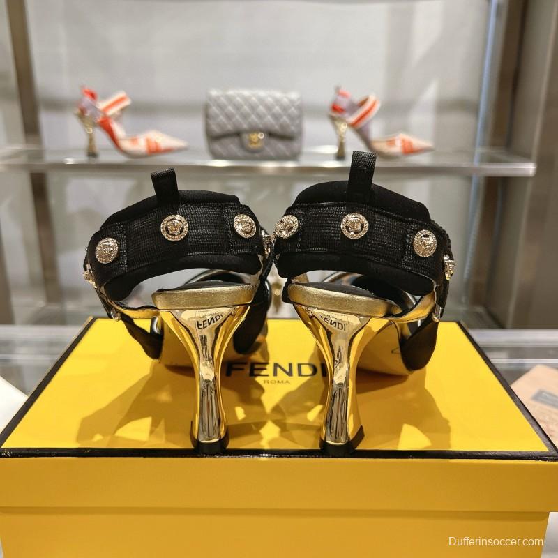 2025 Women Fendi Brown Black Leather Mesh High Heels MJ00280