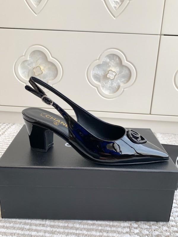 2025 Women Chanel Black Patent Leather Slingback Pumps Heart CC KFY00300