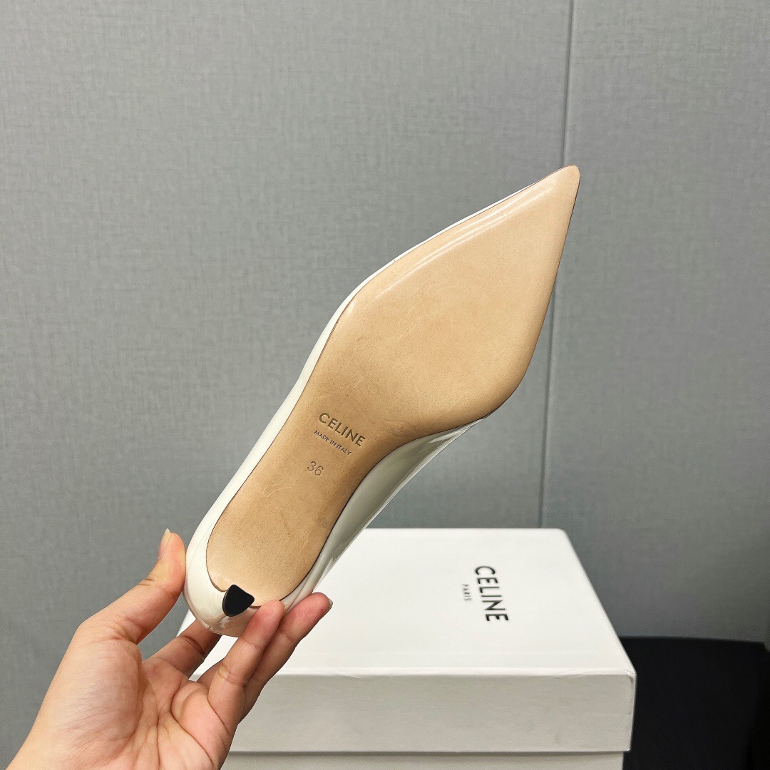 2025 Women Celine White Leather Pointed Toe Kitten Heel KFY00290