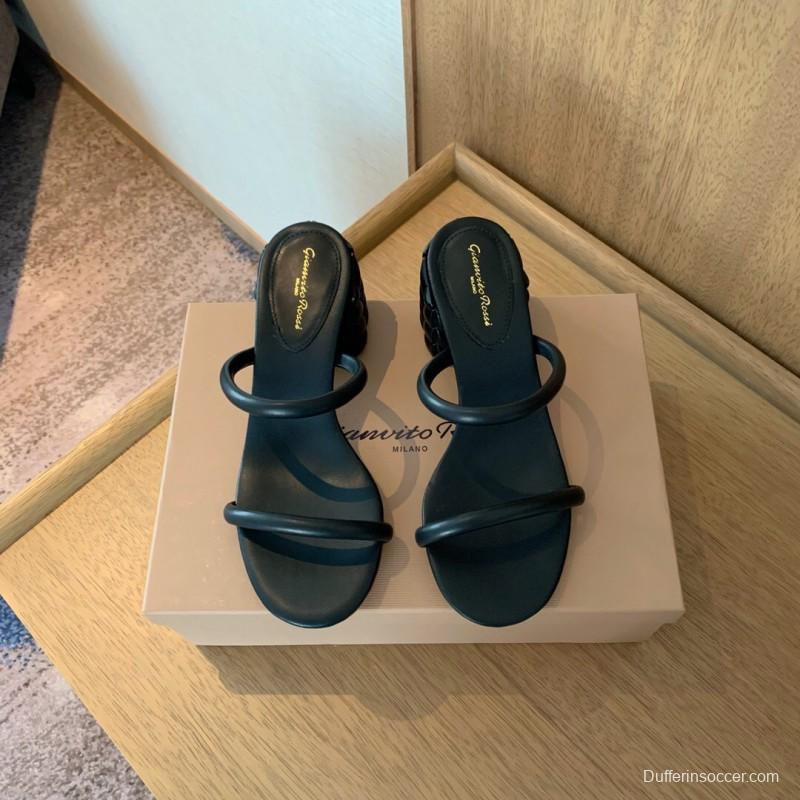 2025 Women Gianvito Rossi Black Leather Heeled Sandals