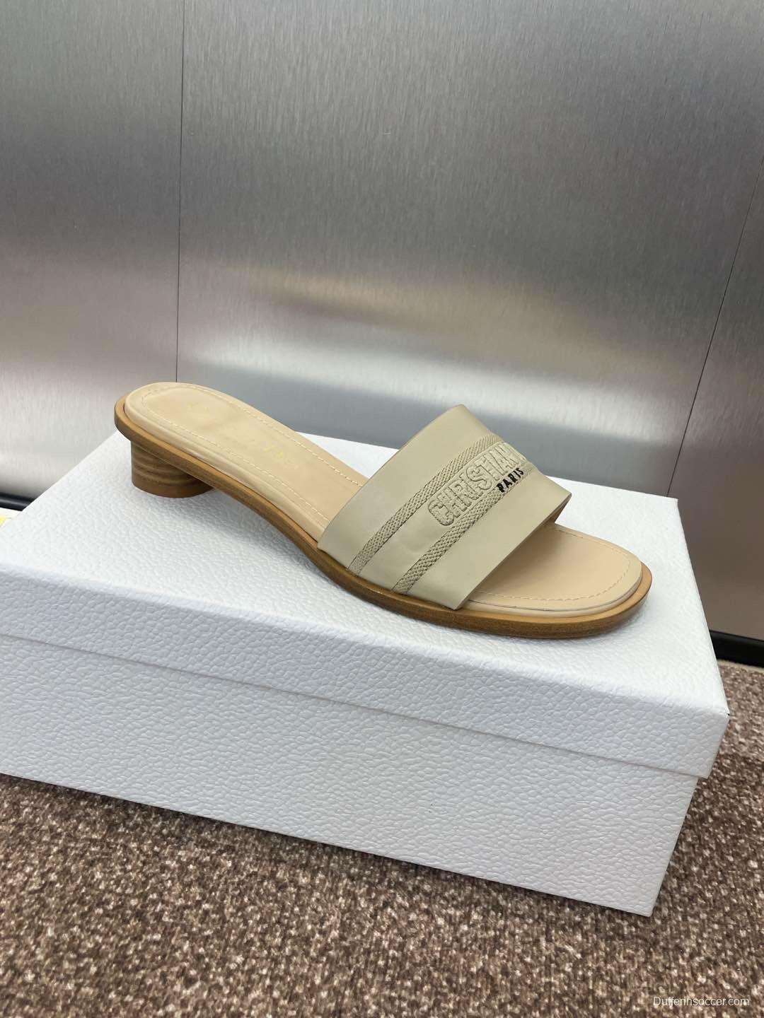 2025 Women Dior Beige Leather Slippers Embroidered KFY00300