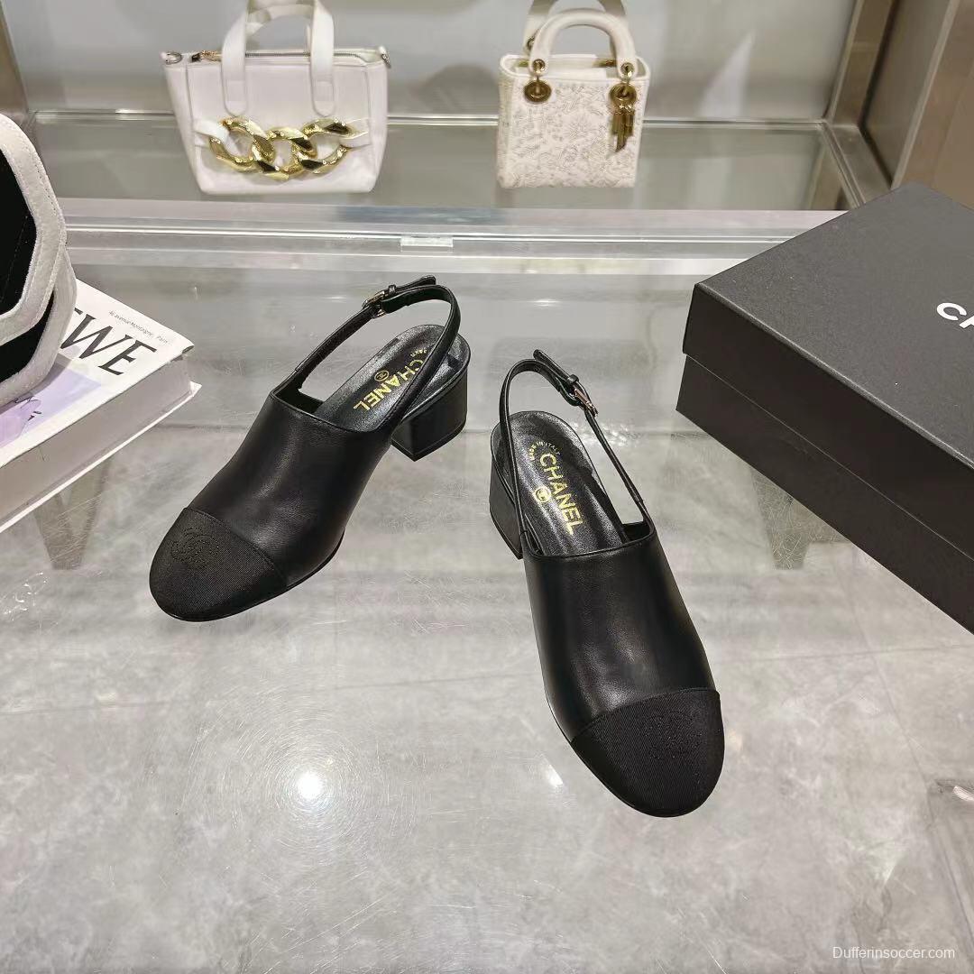 2025 Women Chanel Black Leather Slingback Heels LY00300