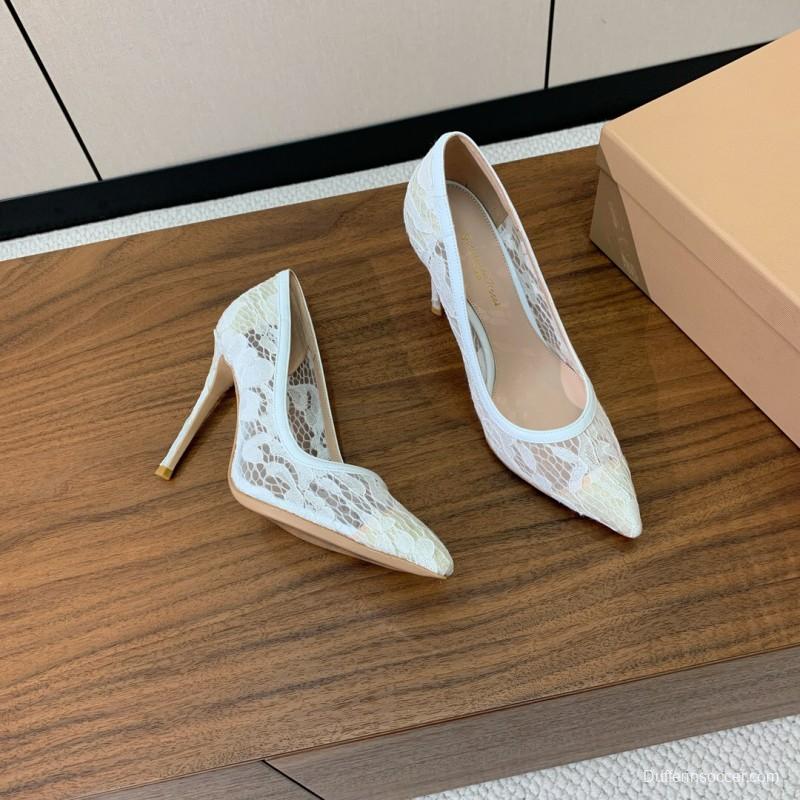 2025 Women Gianvito Rossi White Lace Leather Pumps KFY00280